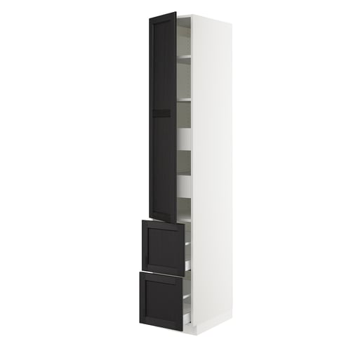 A white SEKTION tall kitchen cabinet with black stained wooden doors, featuring adjustable shelves and built-in door dampers for smooth closing.