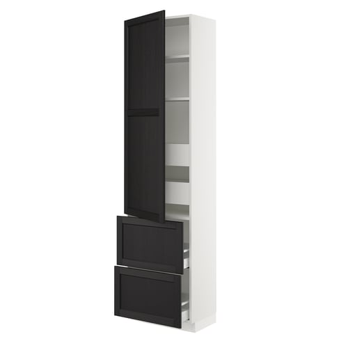 SEKTION tall white kitchen unit with black stained wooden drawers and shelves, modern traditional design.