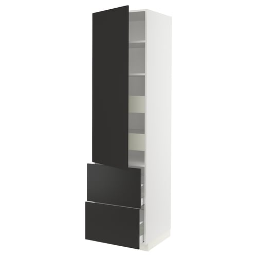 A white SEKTION kitchen cabinet with black drawers and a door, featuring multiple shelves inside.