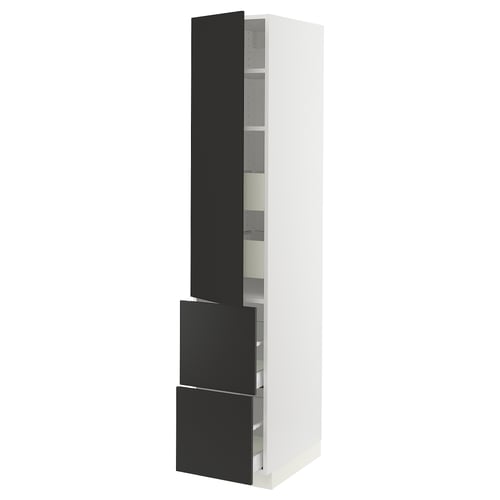 A white SEKTION kitchen cabinet in a modern design, featuring two black drawers, adjustable shelves, and a door with a damper for smooth closing.