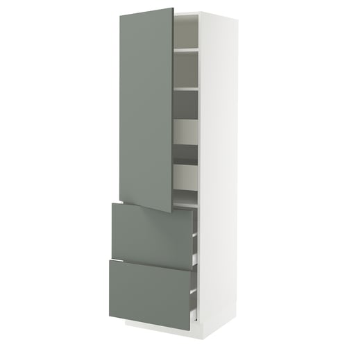 Modern white kitchen cabinet with teal-green drawers and shelves, adjustable, sturdy.
