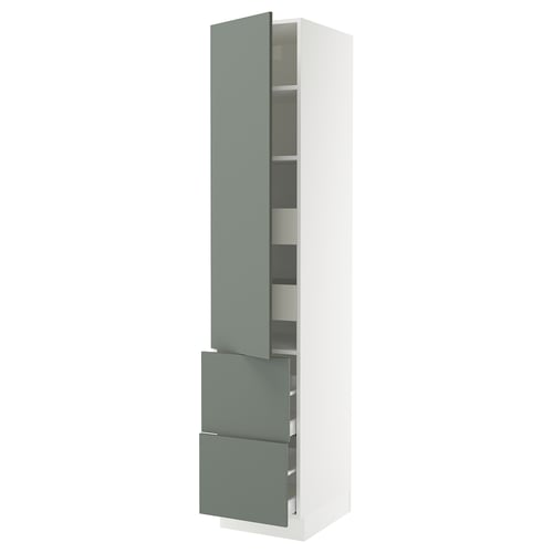 Modern kitchen cabinet in grey-green with adjustable shelves and soft-closing drawers.