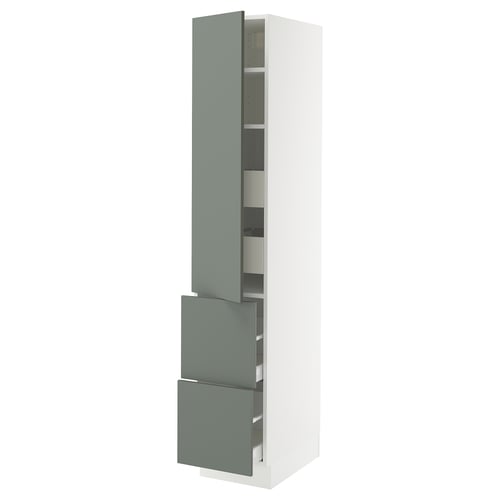 Modern tall kitchen cabinet with blue-green drawers and door, featuring adjustable shelves and built-in door dampers for slow close.
