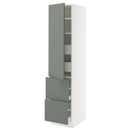Modern tall cabinet in grey-green, featuring adjustable shelves and soft-close drawers, perfect for kitchen storage.