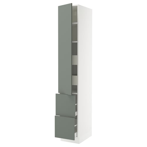 SEKTION kitchen cabinet in green-gray with adjustable shelves and soft-close drawers.