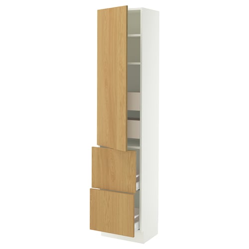 White SEKTION cabinet with glass doors, adjustable shelves, light oak finish.