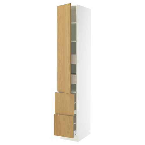 SEKTION light oak cabinet, adjustable shelves, full-extension drawers.