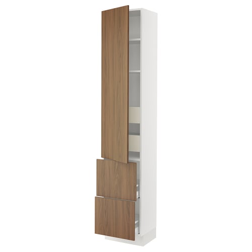 This image shows a white SEKTION kitchen cabinet with walnut wooden doors. It has adjustable shelves, smooth surfaces, and a modern design.