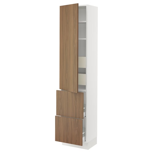 Ikea SEKTION white tall cabinet with walnut shelves and drawers.