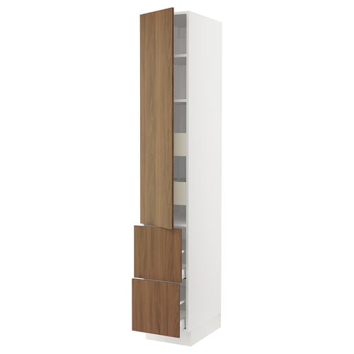 Ikea SEKTION kitchen cabinet. Tall, white, wood-grained, with walnut-like drawers and shelves.