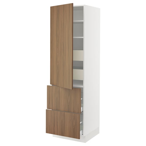 SEKTION kitchen cabinet in walnut finish, white frame, tall with open shelves, smooth surface, handles on drawers.