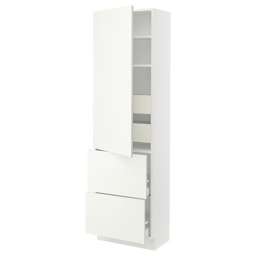 A SEKTION tall white kitchen cabinet with shelves and drawers, featuring a sleek modern design.