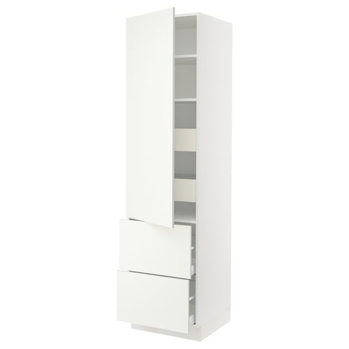A white SEKTION kitchen cabinet with adjustable shelves and a drawer, featuring a sleek design.