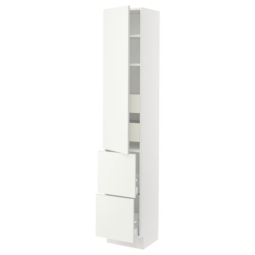 A white SEKTION tall cabinet with adjustable shelves and soft-closing drawers.