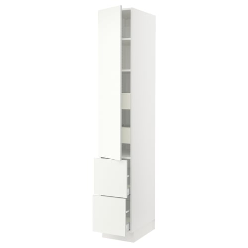 SEKTION white kitchen cabinet with adjustable shelves and drawers.