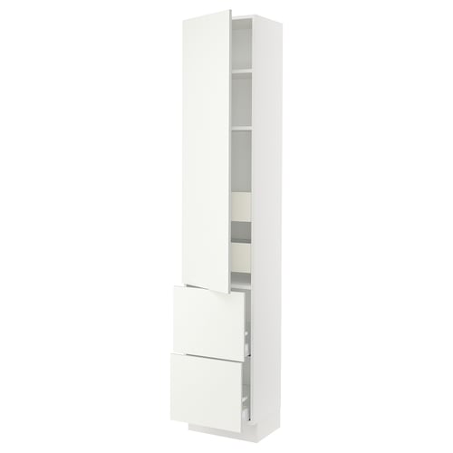SEKTION white tall cabinet, sleek design, three shelves, two drawers, modern kitchen storage.