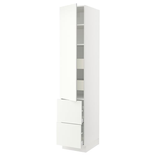 White SEKTION tall kitchen cabinet with adjustable shelves and smooth-close drawers.