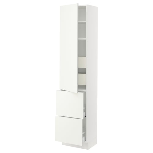 An ikea SEKTION white cabinet with doors and shelves. It stands tall, rectangular, and sleek with modern handles, ideal for kitchen storage.