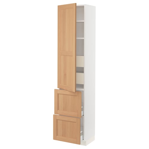 SEKTION kitchen cabinet: tall, white with oak doors, adjustable shelves, soft-close doors.