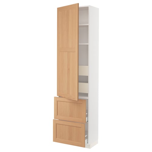 SEKTION kitchen cabinet in oak, white, tall, with shelves and drawers, modern design.