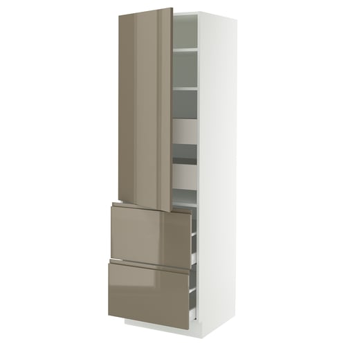 Modern kitchen cabinet in metallic bronze with sleek design and handles, adjustable shelves.