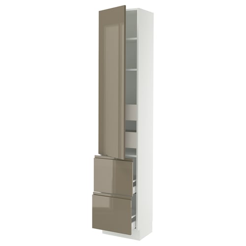 Tall white cabinet with high gloss gray-brown door, featuring sleek design and adjustable shelves.