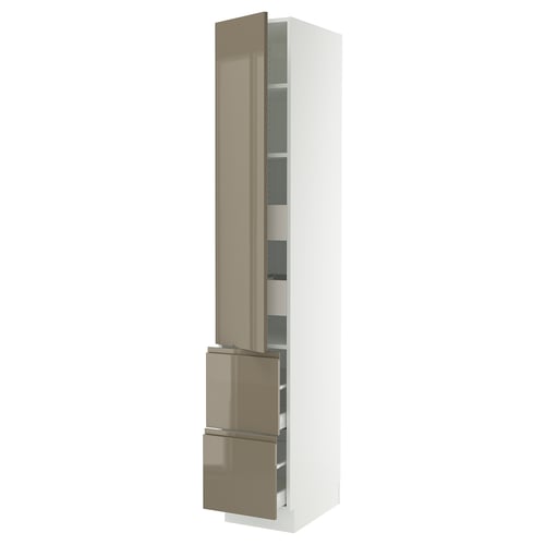 A high gloss dark grey-brown vertical kitchen cabinet with integrated handles and shelves, part of the SEKTION kitchen system by IKEA.