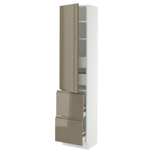 An ikea SEKTION high gloss kitchen cabinet in dark grey-brown with integrated handles and adjustable shelves.