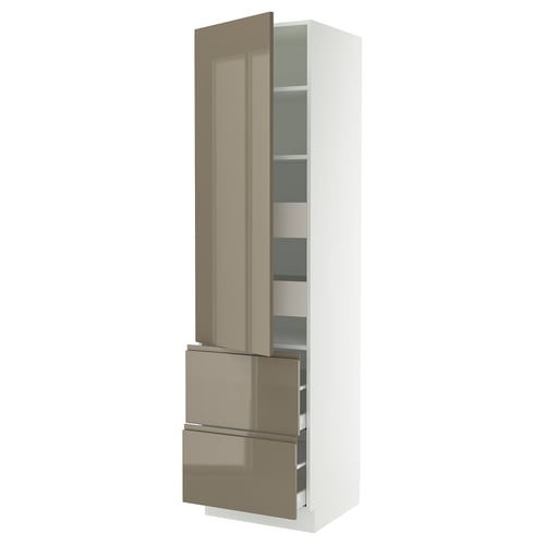 Modern high gloss beige-brown kitchen cabinet, sleek design, adjustable shelves, smooth drawer.