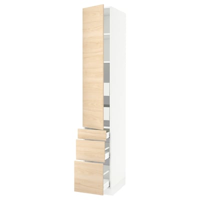 A SEKTION tall kitchen cabinet with light ash wood patterned doors, featuring drawers and shelves.
