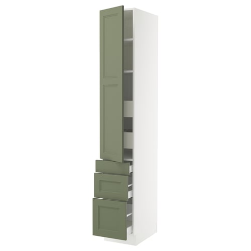 A SEKTION kitchen cabinet in grey-green with adjustable shelves and drawers. The cabinet stands tall with a sleek design.