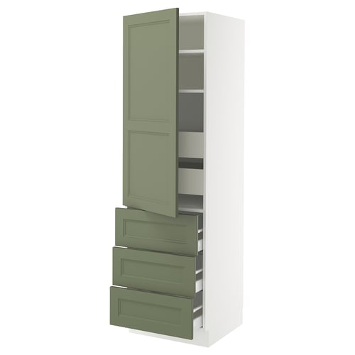 An ikea SEKTION kitchen cabinet in grey-green with multiple drawers and shelves.