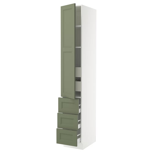 Tall white kitchen cabinet with olive green drawers and doors, featuring soft-close hinges and drawers.