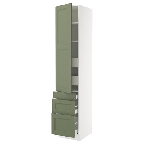 Displays a SEKTION kitchen cabinet in grey-green. It two large drawers and an adjustable shelf behind a single door, mounted on a white frame.