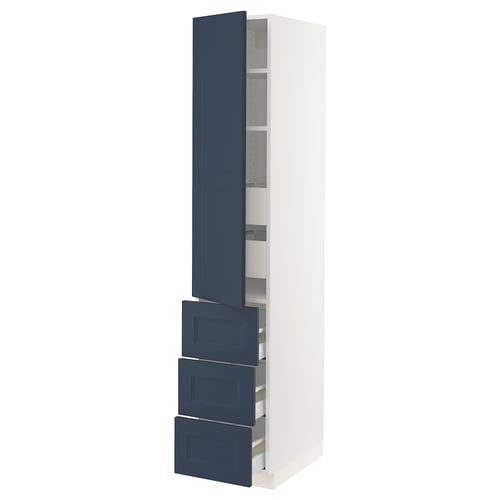 A blue and white SEKTION kitchen cabinet with drawers and adjustable shelves.