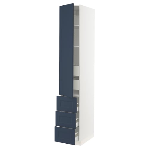 Blue ikea SEKTION kitchen cabinet with white frame, two drawers, and adjustable shelves.