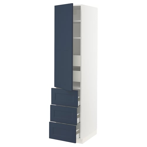 Blue tall kitchen cabinet with adjustable shelves and drawers, modern design.