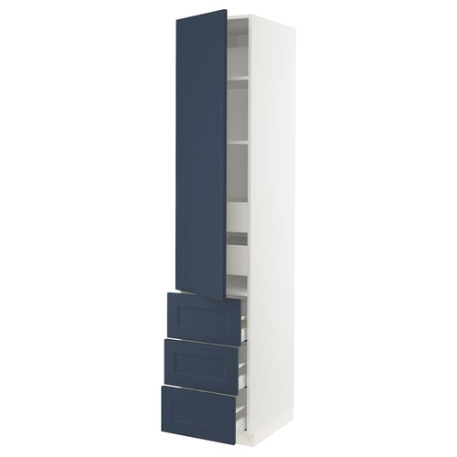 Blue cabinets with white frame, adjustable shelves, soft-close drawers.