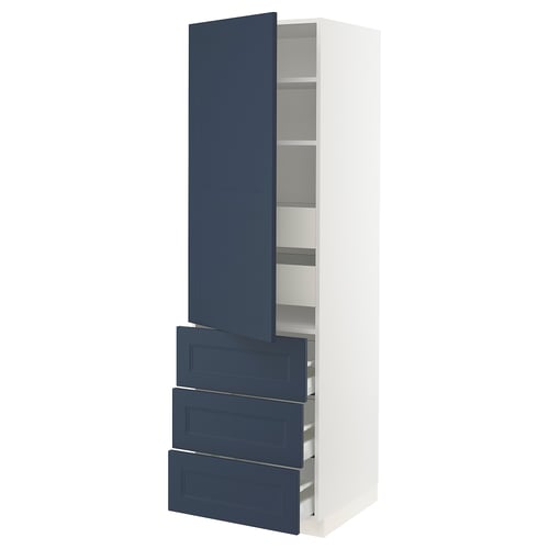 SEKTION tall kitchen cabinet with blue doors and white frame, modern design.