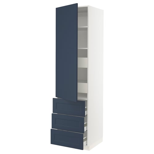 Modern kitchen cabinet in white and blue; tall with drawers and open shelves.