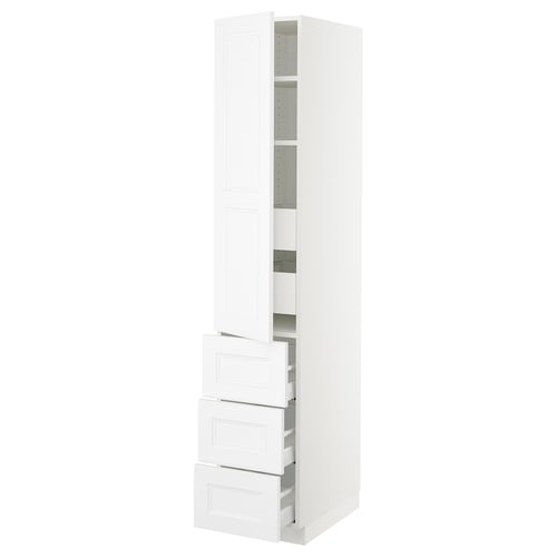 A white SEKTION kitchen cabinet with four pull-out drawers and a door, featuring an adjustable shelf inside.