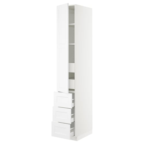A white SEKTION kitchen cabinet in a tall, rectangular shape with multiple drawers and shelves for storage.