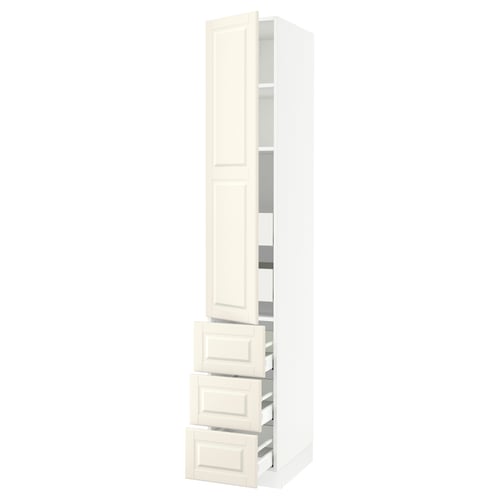 This image shows a white SEKTION kitchen cabinet with off-white doors and drawers, featuring a traditional design with bevelled edges.