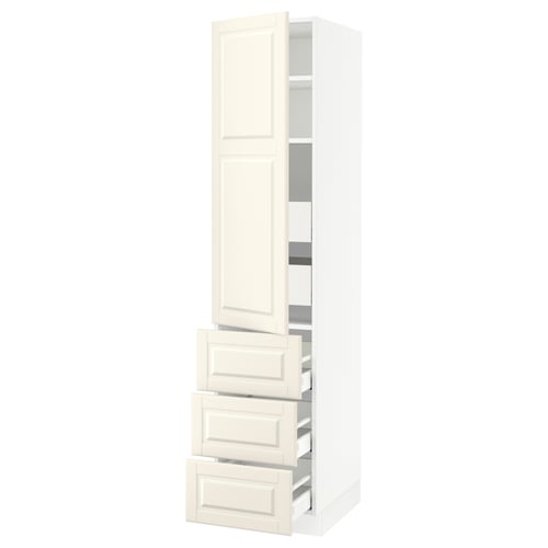 SEKTION off-white kitchen cabinet with bevelled edges, featuring adjustable shelves and full-extension drawers.
