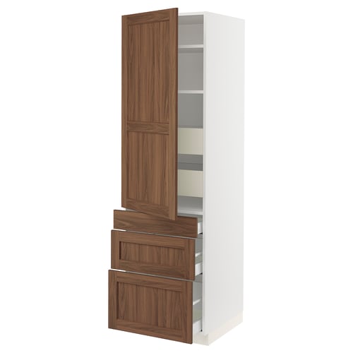 SEKTION kitchen cabinet with walnut foil, white, wood grain, tall with drawers, white.