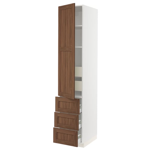 SEKTION kitchen cabinet, white and walnut, tall, three drawers, one shelf.