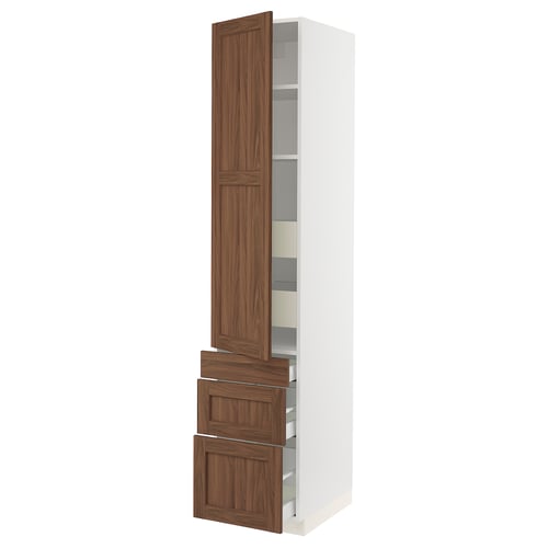 A tall white ikea SEKTION kitchen cabinet with wooden drawers and a door in walnut finish. It both drawers and shelves.