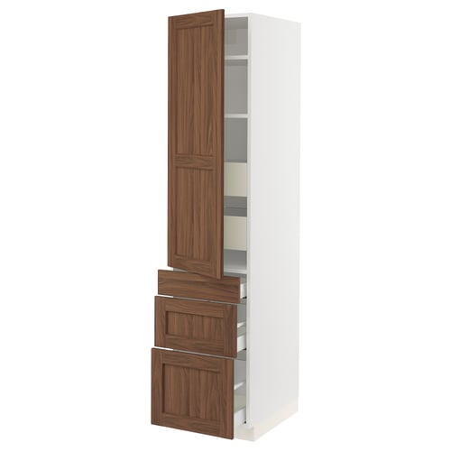 SEKTION kitchen unit with walnut-colored wood, shelves, and drawers. Tall, white, modern design.