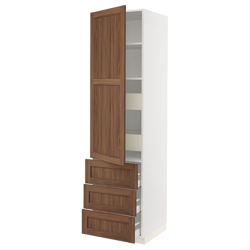 SEKTION kitchen unit with walnut-style doors, drawers, and white cabinet. Tall, slim, with adjustable shelves and soft-close drawers.