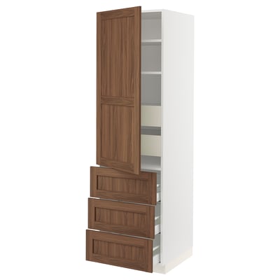 SEKTION / MAXIMERA High cab w door/3 fronts/5 drawers, white Enköping/brown walnut effect, 24x24x80 "